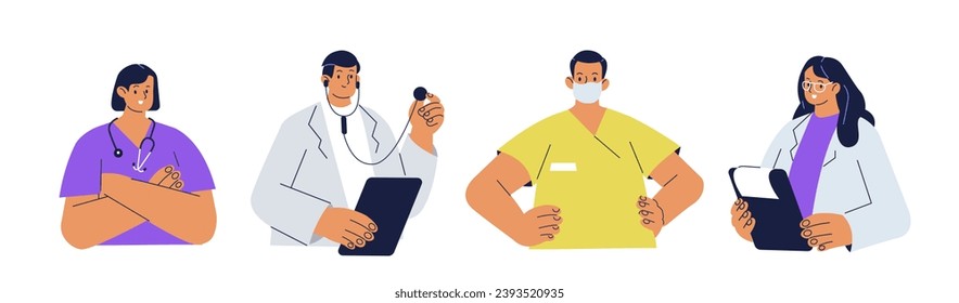 Doctors, nurses, paramedics, other hospital workers set. Characters wearing medical uniform, stethoscopes and mask. Healthcare team concept. Flat vector illustration isolated on white background  