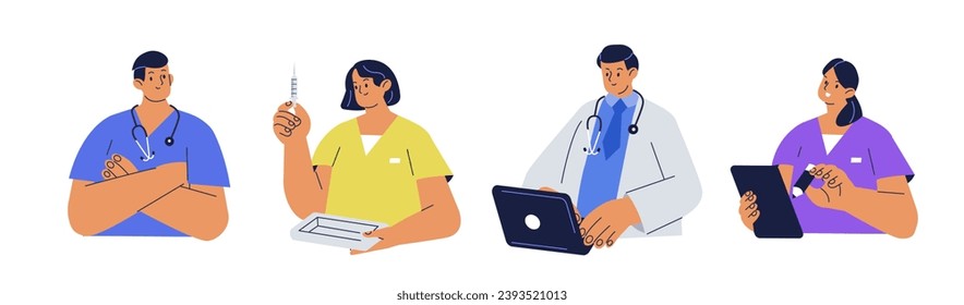 Médicos, enfermeras, paramédicos, otros trabajadores hospitalarios. Personajes con uniforme médico y estetoscopios. Concepto de equipo de salud. Ilustración vectorial plana aislada en fondo blanco 