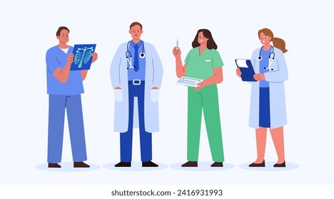 Doctors, nurses, paramedics, other hospital workers. Characters wearing medical uniform and stethoscopes. Healthcare team concept. Flat vector illustration isolated on white background  