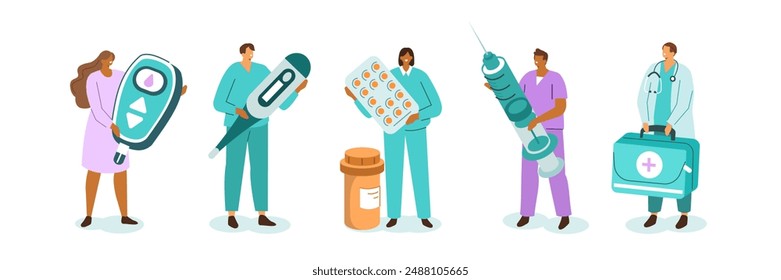 Doctors, nurses, paramedics, other hospital workers. Characters wearing medical uniform and stethoscopes. Healthcare team concept. Vector illustration.