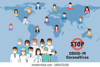 Doctors, nurses and people around the world wearing face masks standing fighting for Coronavirus, Covid-19 pandemic on world map. Coronavirus disease awareness.