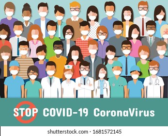 Doctors, nurses and people wearing face masks standing fighting for Coronavirus, Covid-19 pandemic. Coronavirus disease awareness.

