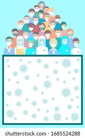 Doctors, nurses and people wearing face masks standing fighting for Coronavirus, Covid-19.  Greeting card, postcard, with place for text, notes. Population, grateful people say Thank you for doctors