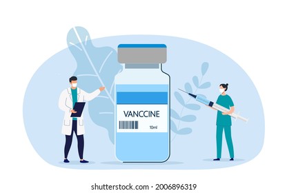 Doctors and nurses preparing to be vaccinated against coronavirus, doctors and nurses flat cartoon vector illustration.