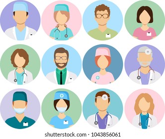 Doctors and nurses profile vector icons. Surgeon and therapist, oculist and nutritionist avatars