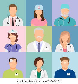 Doctors and nurses profile vector icons. Surgeon and therapist, oculist and nutritionist avatars