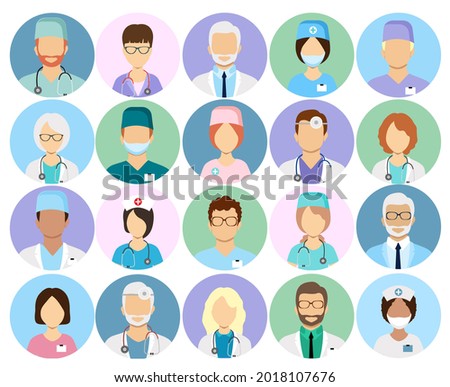 Doctors and nurses profile vector icons. Surgeon and therapist, oculist and nutritionist avatars. Doctors of different ages and nationalities.
