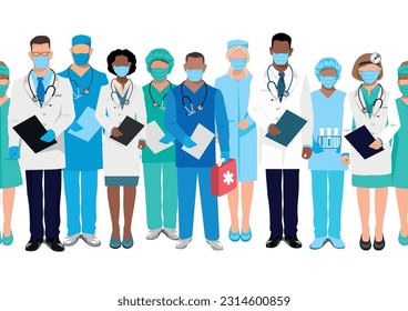 Doctors and nurses seamless pattern. Thank you doctors for saving lives. Doctors, nurses and paramedics in medical clothes and protective masks of different nationalities and genders.