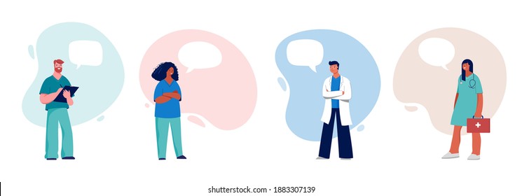 Doctors and nurses with speech bubbles, concept design - group of medical professionals on a white background
