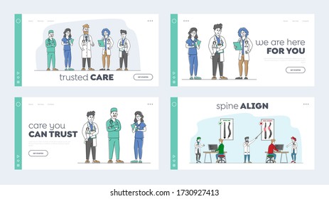 Doctors and Nurses Staff, Scoliosis Diagnostics Landing Page Template Set. Characters in Robe with Medical Tools in Row. Clinic or Hospital Workers, Spine Curvature. Linear People Vector Illustration