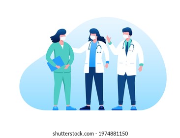 Doctors and nurses standing and hold clipboards flat style vector illustration isolated on blue background. Vector illustration for websites landing page templates