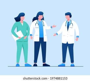 Doctors and nurses standing and hold clipboards flat style vector illustration isolated on blue background. Vector illustration for websites landing page templates