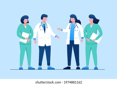 Doctors and nurses standing and hold clipboards flat style vector illustration isolated on blue background. Vector illustration for websites landing page templates