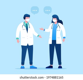 Doctors and nurses standing and hold clipboards flat style vector illustration isolated on blue background. Vector illustration for websites landing page templates