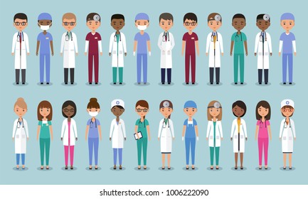 Doctors, nurses and surgeons characters. Animated medical people. Flat avatars. Vector. Set icons isolated on blue background. Healthcare professional. Hospital staff. Medicine concept.