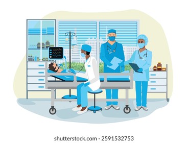 Doctors and nurses take care of patients in the intensive care unit. Thank you nurses and doctors. Medical technology and saving lives. Vector illustration.