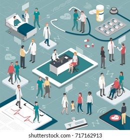 Врачи и медсестры, заботясь о пациентах и взаимодействуя в режиме онлайн: концепция здравоохранения и технологий