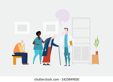 Doctors and nurses talking to the elderly patients in the hospital. Medical and health concept Illustration