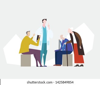 Doctors and nurses talking to the elderly patients in the hospital. Medical and health concept Illustration