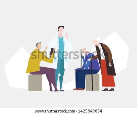 Doctors and nurses talking to the elderly patients in the hospital. Medical and health concept Illustration
