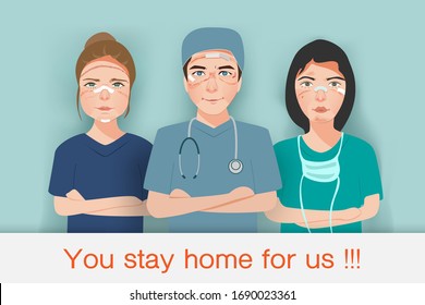 Doctors and nurses team along with bruises and distinctive red line caused by the effect compression of the protective equipment weighed on them face from Covid-19 treatment vector