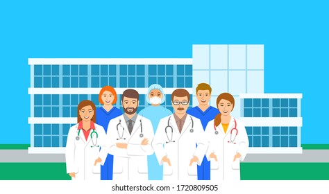 Doctors and nurses team standing at the hospital building in different poses. Flat vector illustration. Personnel of medical clinic, physicians and surgeons, health care workers.