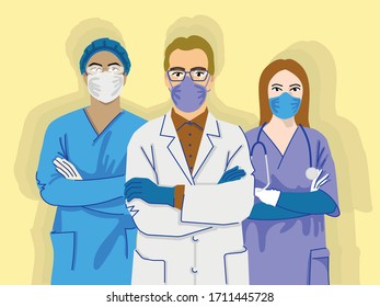  doctors and nurses. Three masked doctors. Medicine.