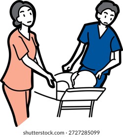 Ärzte und Krankenschwestern, die einen Patienten eilig auf einer Trage transportieren