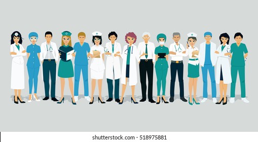 Doctors and nurses in uniform with a gray background.