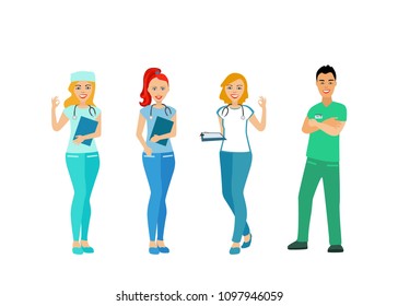 Doctors and nurses in uniform. People with a medical profession. Medical staff. Isolated icon on white background. Vector illustration.

