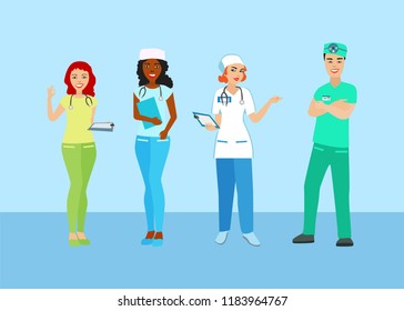 Doctors and nurses in uniform. People with a medical professional. Medical staff. Isolated icon on a blue background. Vector illustration.