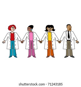 Doctors and nurses of various ethnic backgrounds including Hispanic, Black and Caucasian holding hands.