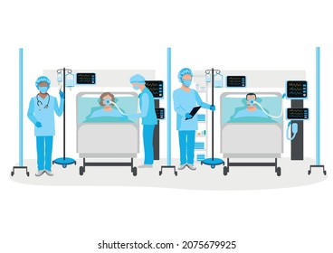 Doctors and nurses visit patients on artificial ventilation. Interior of a modern intensive therapy room. Thanks to doctors and nurses for saving lives. Vector illustration.