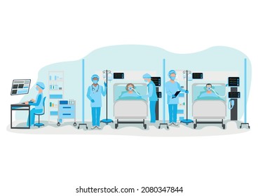 Doctors and nurses visit patients on artificial ventilation. Interior of a modern intensive therapy room. Thanks to doctors and nurses for saving lives. Vector illustration.