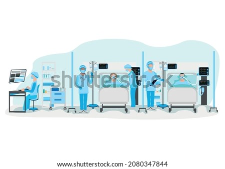 Doctors and nurses visit patients on artificial ventilation. Interior of a modern intensive therapy room. Thanks to doctors and nurses for saving lives. Vector illustration.