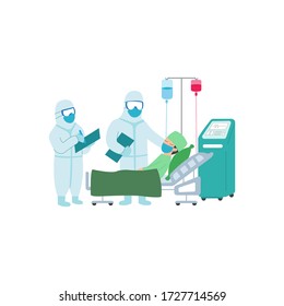 Doctors And Nurses Are Wearing PPE And Working Hard To Treat Corona Virus/covid-19 Infected Patients In The ICU/ Hospital. Vector Illustration.