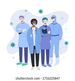 Doctors and nurses wearing protective suits and masks standing together ready for coronavirus epidemic, professional teamwork concept, medical team, kind cartoon characters, man and women