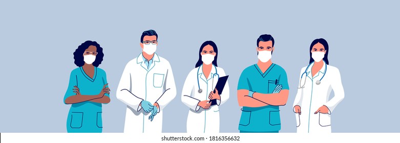 Doctors and nurses wearing a surgical face mask, male and female medical characters set. Vector illustration.