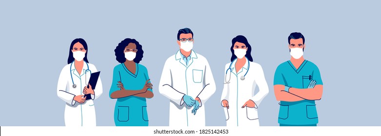 Doctors and nurses wearing a surgical face mask, male and female medical characters set. Vector illustration.