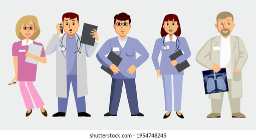 Doctors and Nurses wearing Uniform. Professional Healthcare Team at Work. Male and Female Medical Characters Set. Vector Illustration.