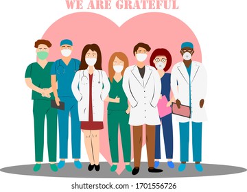 Médicos y enfermeras vestidas con uniformes y luchando contra el virus. Gracias médicos enfermeras por ayudar. Concepto de brote de coronavirus en blanco. Ilustración vectorial para postal, afiche o banner.