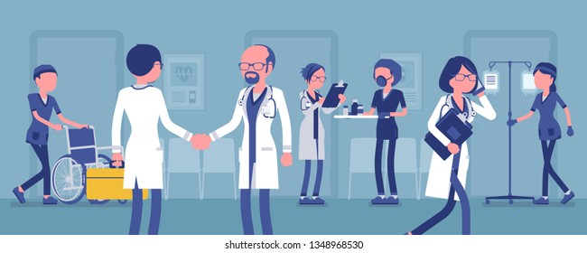 Doctors, nurses working in a hospital. Busy day in clinic department, staff and patients given professional medical treatment, health care institution routine. Vector illustration, faceless characters