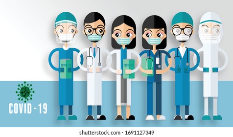 doctors and nurses working in the hospitals and fighting the coronavirus, vector illustration in flat design character.