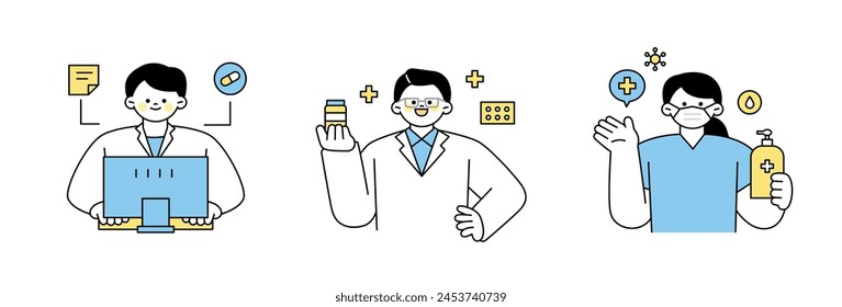 Doctors and nurses writing medical records, explaining prescribed medications, and disinfecting hands. outline simple vector illustration.