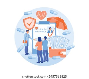 Doctors offer health insurance to patients. Plan health savings for the future. Health Insurance concept. Flat vector illustration.