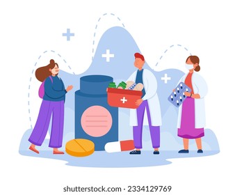 Doctors offering medication after operation vector illustration. Woman with bandaged face taking pills and recovering after plastic surgery. Health care, beauty correction concept