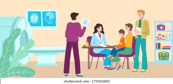 Doctors office appointment, medical checkup patient child in hospital, mother and ill child visit doctors cartoon vector illustration. Pediatricians appointment of patient and tomographic brain scan.