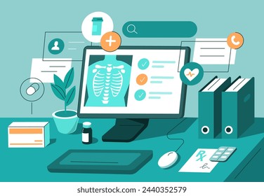 Oficina de los médicos en el hospital con computadora portátil, medicamentos e información de los pacientes. Concepto de salud y medicina. Ilustración de vector  