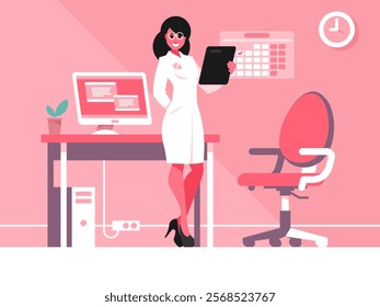 Doctors office. Female doctor with clipboard. Doctors workplace. Desk with computer and office chair. Vector graphics