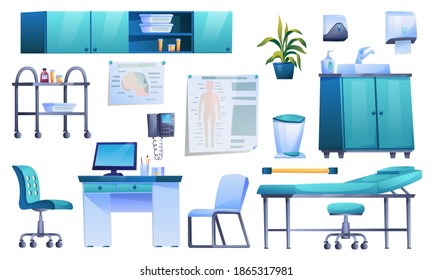 Doctors office interior elements isolated icons set. Vector clinic office room with desk, medical armchair, computer, shelf potted plant. Rubbish bin and medications, paper holder, washbasin with tap